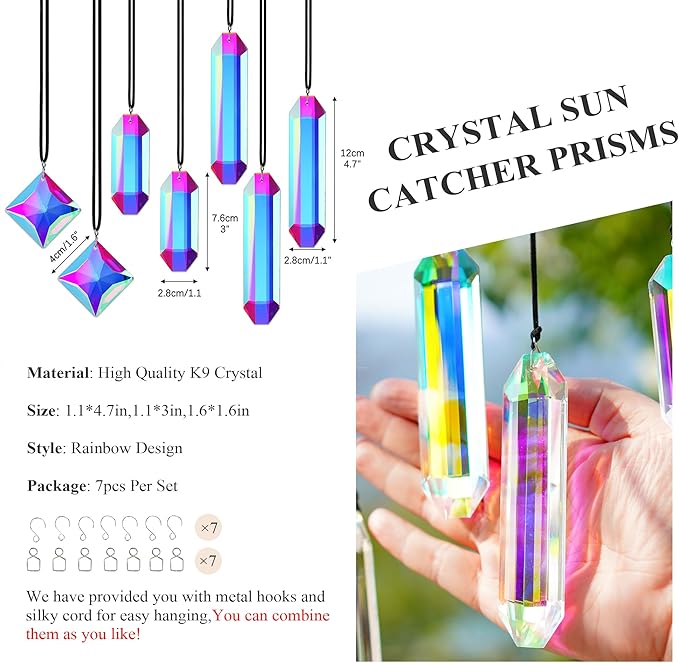 HDCRYSTALGIFTS Set 7 Crystal Sun Catcher Prisms, AB Colored Suncatcher Crystals Window Indoor Hanging Christmas Ornaments Rainbow Maker Prisms for Home Garden Decor