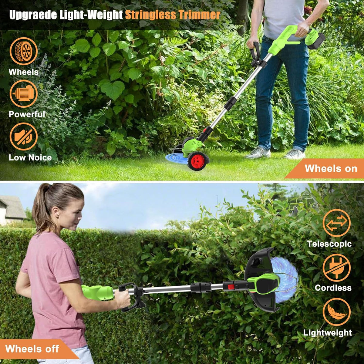 Cordless Electric Weed Wacker Battery Powered, 21v Lightweight Weed Trimmer Eater With 2 4.0Ah Battery Operated & Charger & Wheels & Shears, 3 In1 Grass Trimmer/Brush Cutter/Lawn Edger for Yard Garden