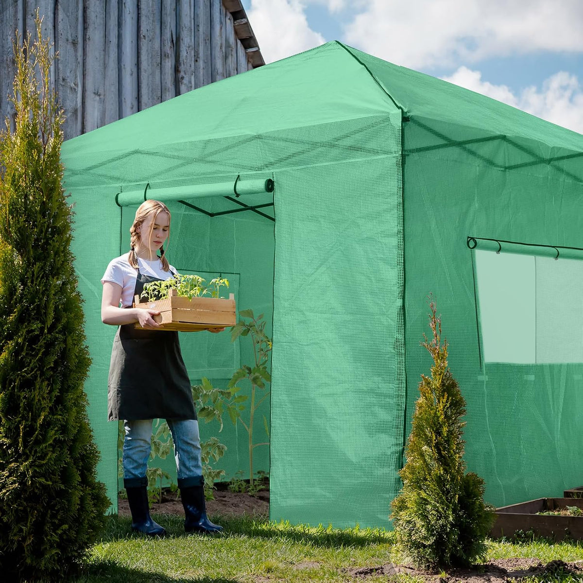 EAGLE PEAK 10x10 Portable Walk-in Greenhouse, Pop-up Indoor Outdoor Garden Green House, Zippered Doors and Windows, PE Cover, Green