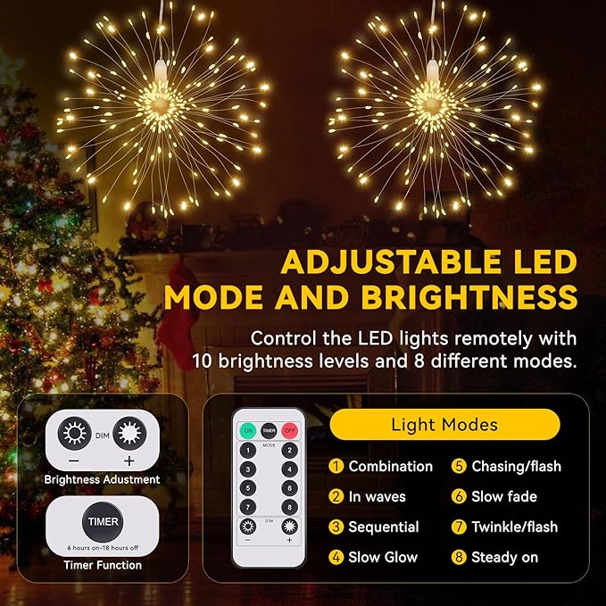 8 Pack Firework Lights 120 LED Copper Wire Firework Lights, 8 Modes Dimmable String LED Lights with Remote Control,Waterproof Hanging Fairy Lights for Party,Home,Christmas,Garden Outdoor Decoration