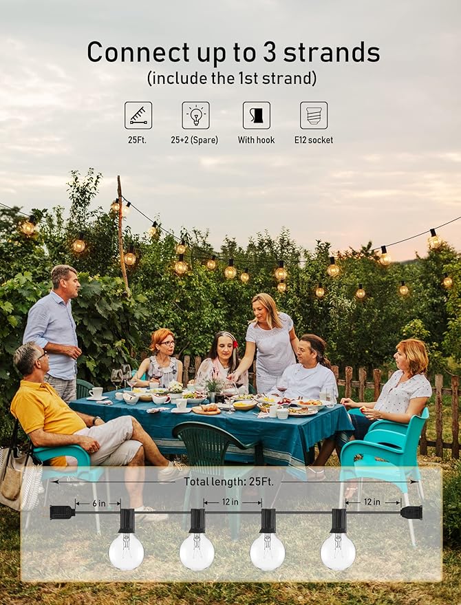 Brightown Outdoor String Lights, 25 Ft Globe Patio Lights with 25 Edison Glass Bulbs, UL Listed Waterproof Hanging Outside Lights for Backyard Balcony Party Decor, Not Connectable, 2 Pack