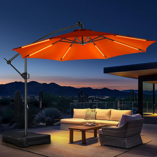 HOMSHADE 10ft Solar Lights Offset Cantilever Patio Umbrella - with Light and Base, LED Lighted Offset Hanging Patio Outdoor Market Umbrella UPF50+ UV Protection with Easy Tilt and Crank (Orange)