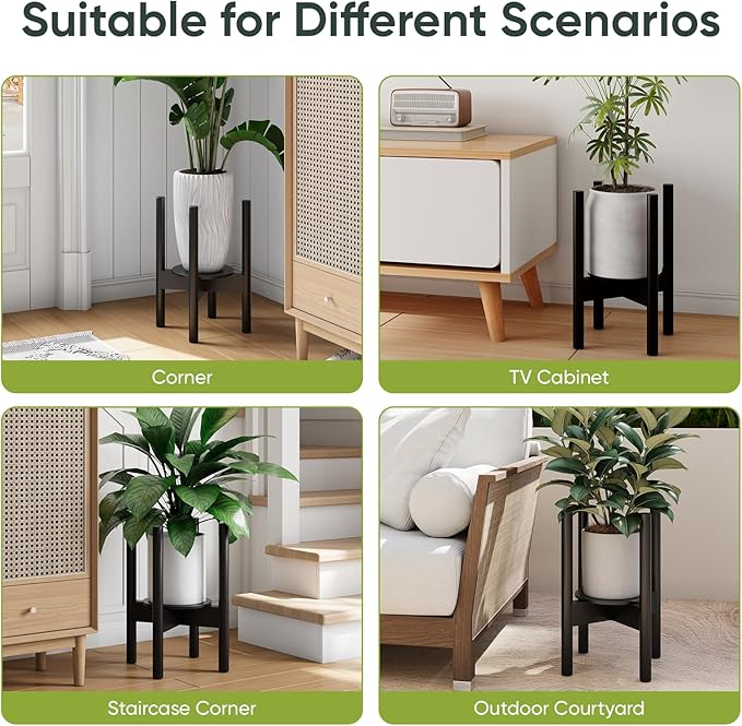 Adjustable Plant Stand, Bamboo Plant Stand Indoor with Tray, Wood Plant Stand for 8 to 12 inches Flower Pots, Single Mid Century Modern Plant Stand for Indoor Plants, Black