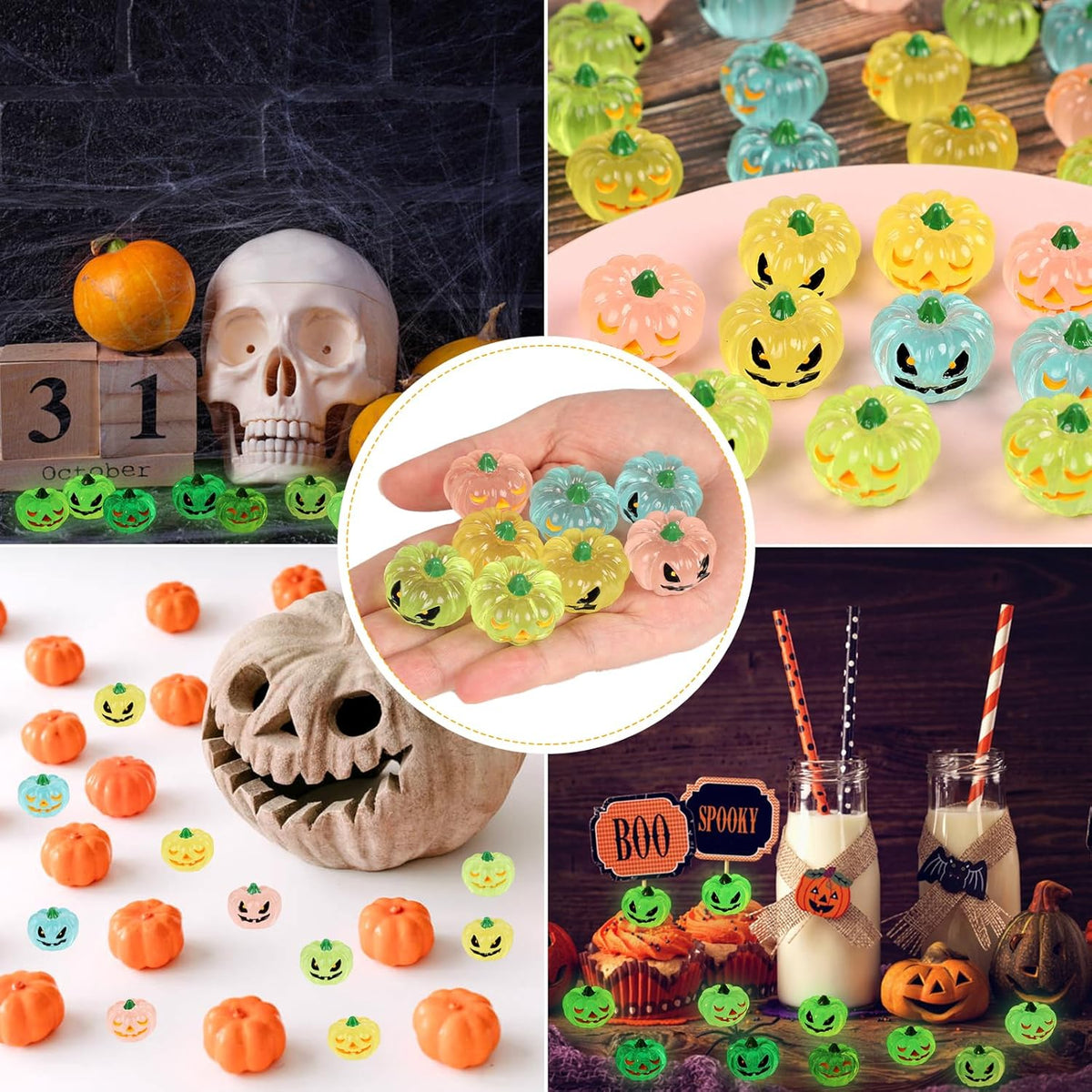 STEFORD 56 Pcs Luminous Resin Pumpkins, Halloween Miniature Figurines Glow in The Dark Mini Tiny Plastic Fake Pumpkin Bulk for Decorating Outside Outdoor DIY Crafts Home Fairy Garden Dollhouse Decor