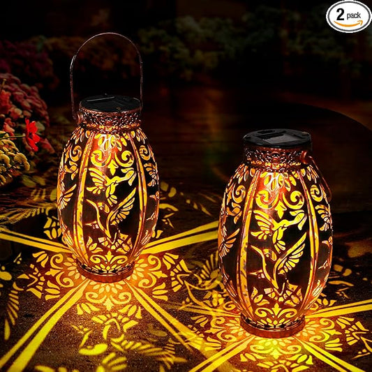 Hummingbird Lantern 2 Pack Solar Lanterns Outdoor Hanging Solar Lights, Upgraded Metal Garden Lanterns - Waterproof LED Decorative Light for Garden Patio Yard Gifts for Mom Grandma Women