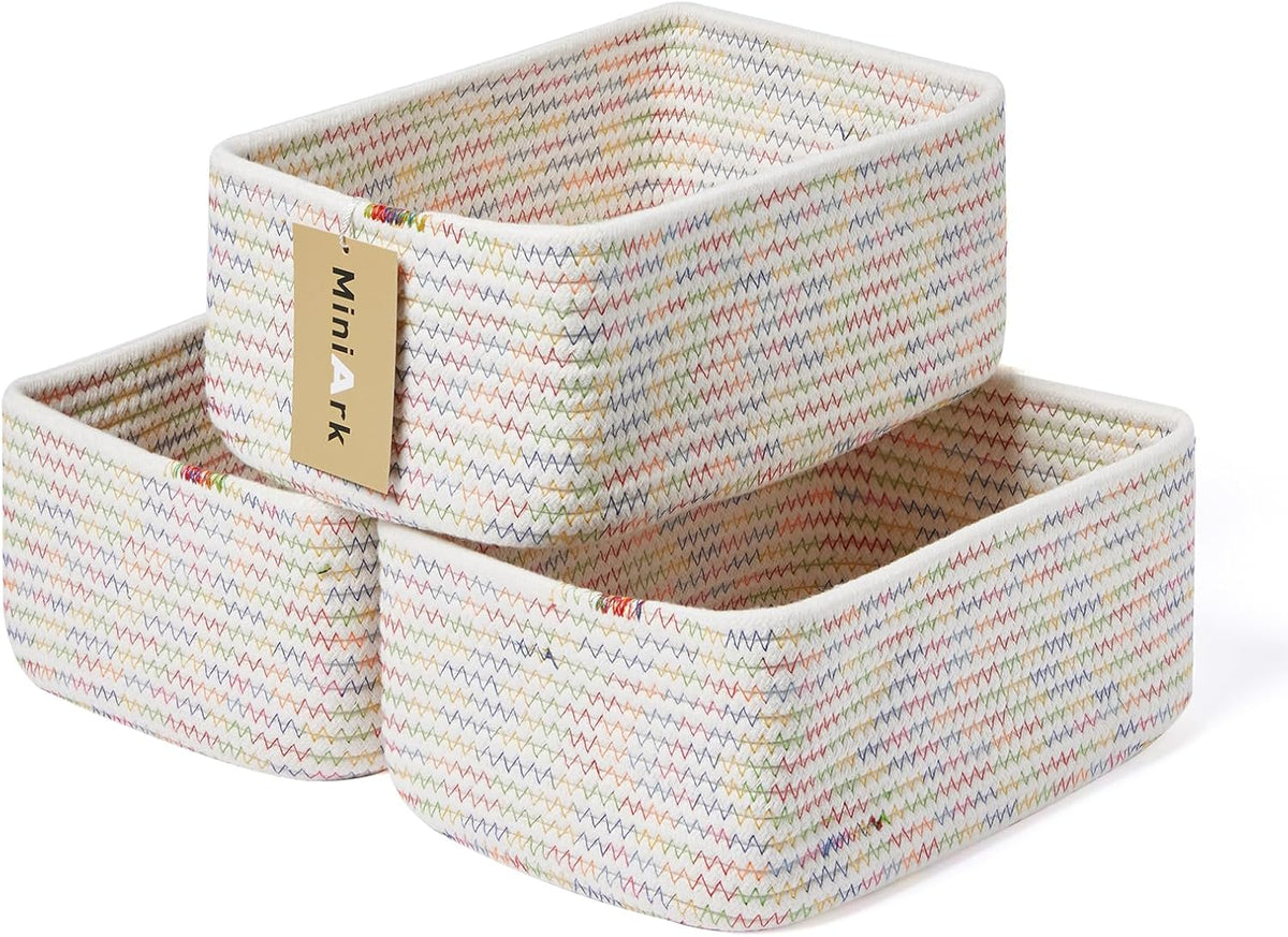 Small Storage Baskets for Organizing | Closet Organizer Bins | Shelf Toy Basket | Woven Rope Baskets | Cube Decorative Box | Shallow Basket | 11.5x7.5x4.7” | 3 Packs Rainbow