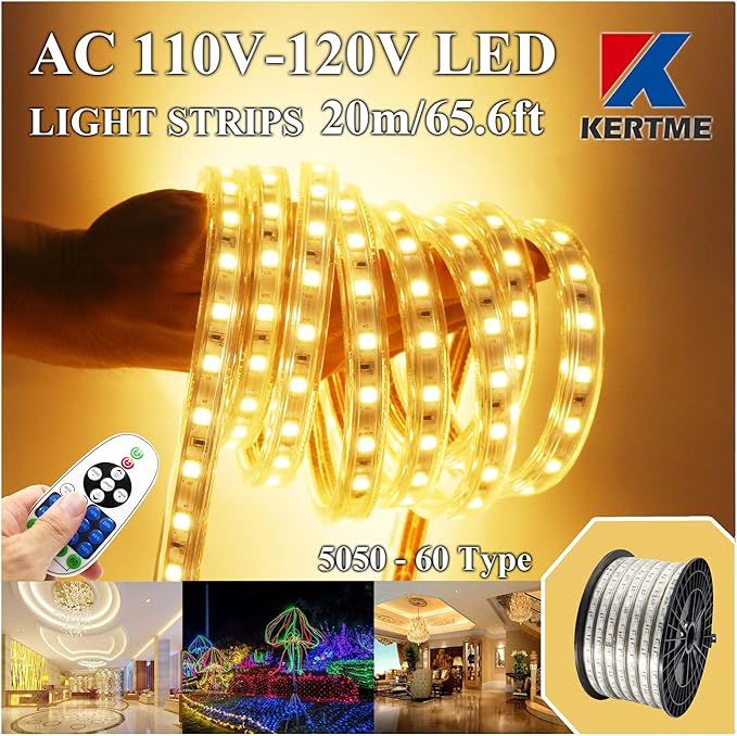5050-60 Type AC 110-120V LED Strip Lights, Flexible/Waterproof/Dimmable/Multi-Modes LED Rope Light + 23 Keys Remote for Home/Garden/Building Decoration (65.6ft/20m, Warm White 3500K)