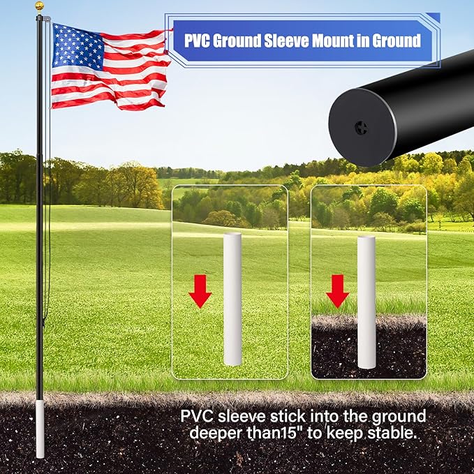20FT Sectional Super Thick Flag Pole Kit, Heavy Duty 13 Gauge Aluminum in Ground Flagpole with 3x5 American Flag for Residential or Commercial, Black