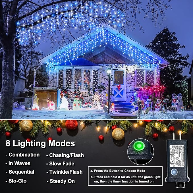 Christmas Icicle Lights Outdoor, 66Ft 640 LED Icicle Lights for Outside with 8 Modes Timers, Waterproof Plug in Twinkle String Light for Yard Eave Patio Party Holiday Decorations, Blue White