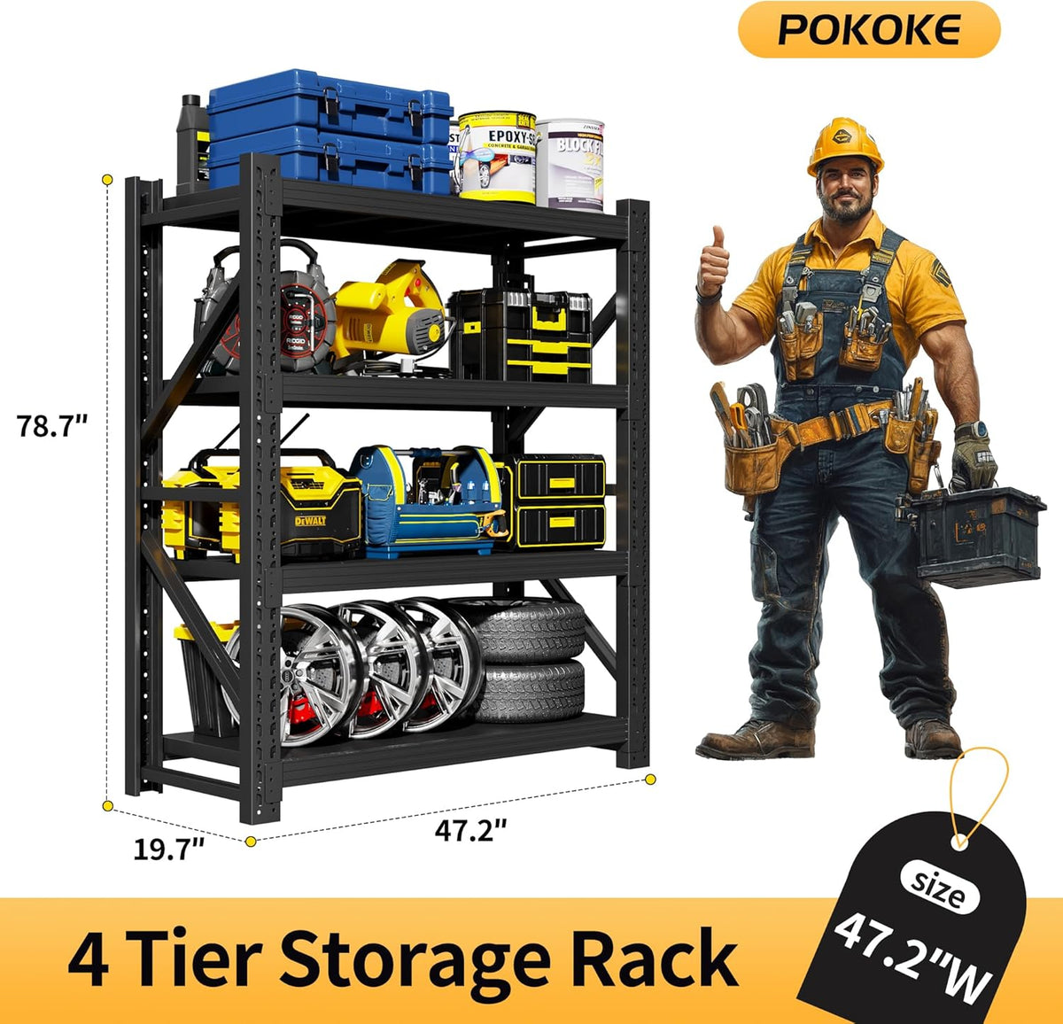 Garage Shelving Unit, 4 Tier Heavy Duty Racks, Easy Assembly, Metal Racks with Adjustable Shelves, 3000 LBS Load Capacity,for Warehouse,Basement (Black, 19.7" D x 47.2" W x 78.7" H)