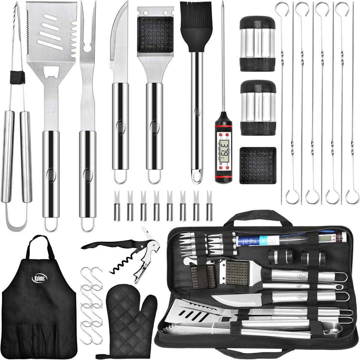 Kaluns Grilling Accessories, Dad Gifts for Christmas Grilling Gifts, Heavy Duty Stainless Steel Grill Set BBQ Grill Accessories for Outdoor Grill with Meat Thermometer, Case and Apron