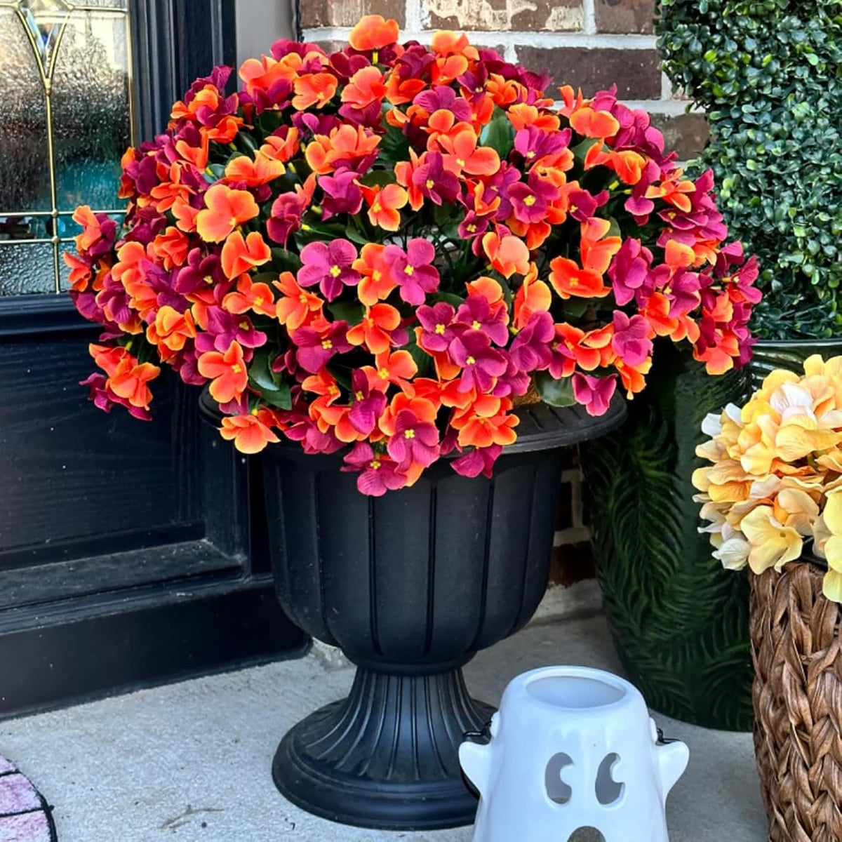Fall Artificial Hanging Flowers with 12" Basket for Outdoor Decor, Fake Hydrangea UV Resistant Arrangements in Pot Planter Decor for Indoor Porch Garden Yard(Orange Brown)