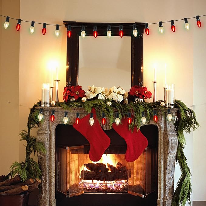 C7 LED Christmas String Lights, 25Ft Clear Red/ Frosted White Christmas String Lights with 27 LED Edison Bulbs, Connectable Vintage Christmas Lights for Outdoor Christmas Garden Wedding Party Decor