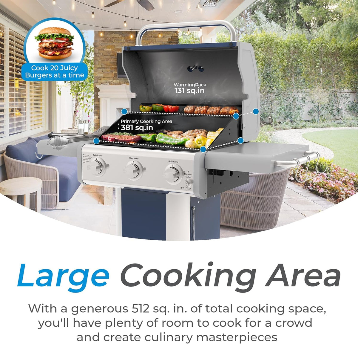Kenmore 3-Burner Propane BBQ Grill, 30,000 BTUs Gas Grill with Cast Iron Cooking Grates, Folding Side Tables & Wheels, Outdoor Grill with Tool Hooks, Azure Blue + Bonus Cover