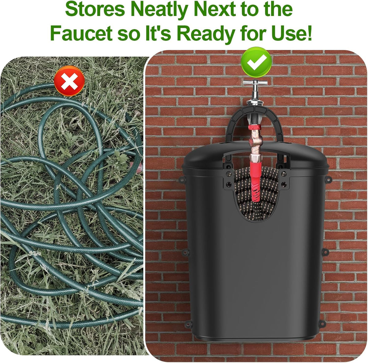 Riokko Garden Hose Holder Bucket, Hose Storage, Water Hose Storage for Outside, Hose Box Fits 25FT Heavy Duty/100FT Expandable/50FT Flat/50FT Stainless Steel Hoses, Hanging Handle & Drain Hole Design