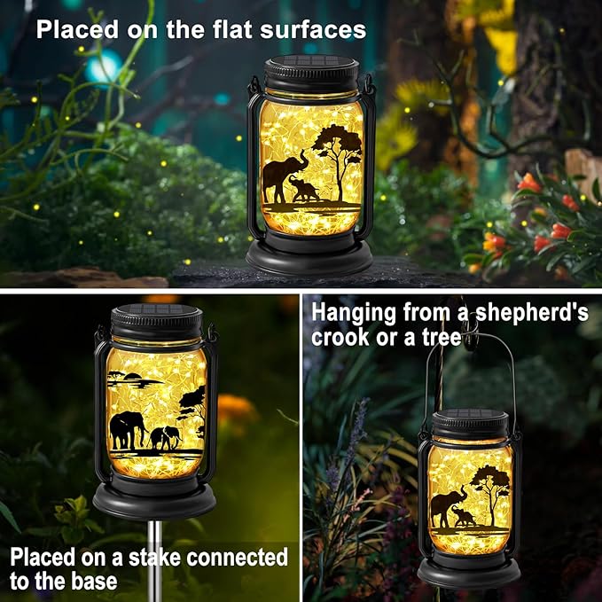 2 Pack Outdoor Hanging Solar Lanterns, Elephants Vintage Glass Mason Jar Fairy Lights, Mothers Day Gifts for Women Mom Grandma, Waterproof Garden Lights for Patio Yard Lawn Tree Party Decor
