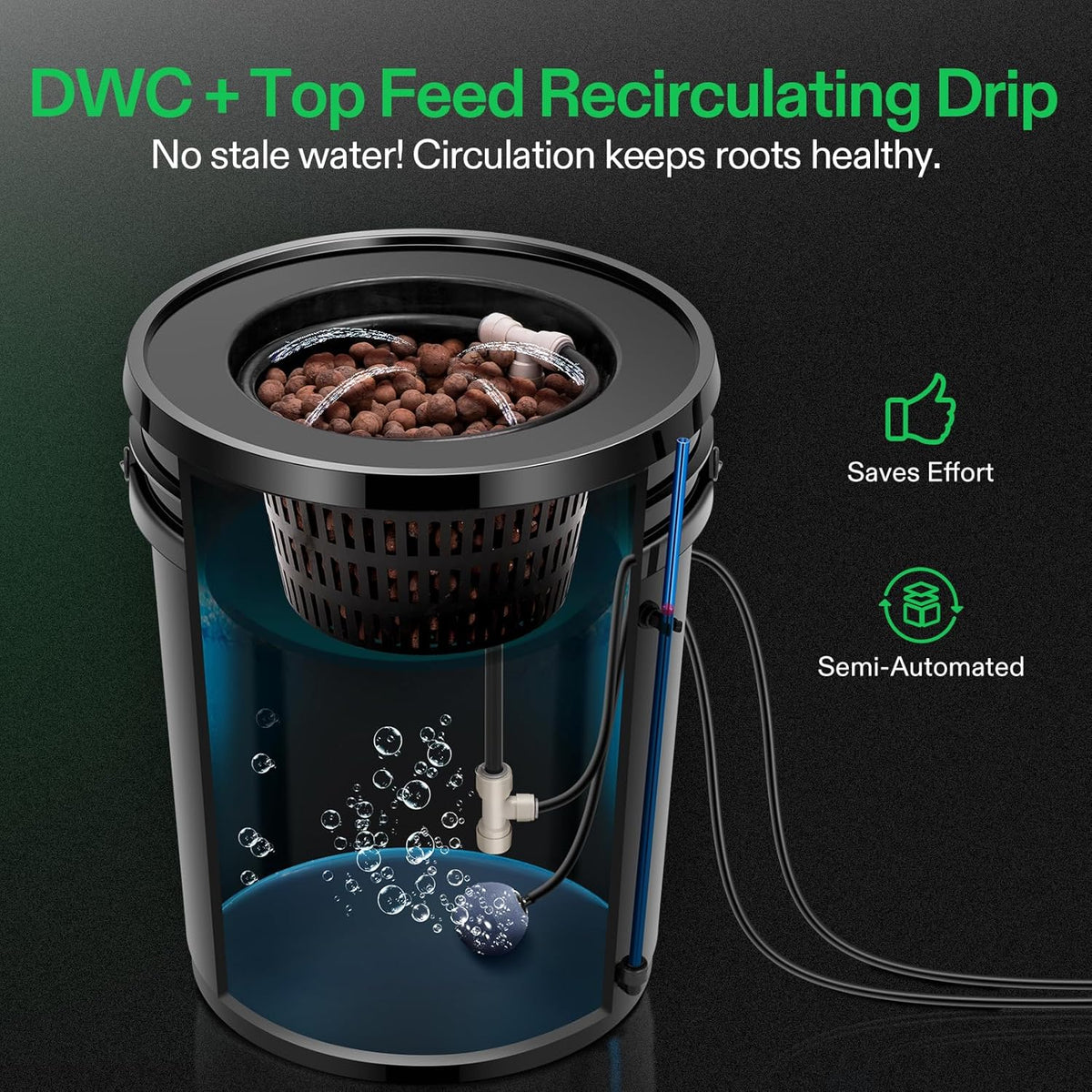 VIVOSUN DWC Hydroponics Grow System with Top Drip Kit, 5-Gallon Deep Water Culture, Recirculating Drip Garden System with Multi-Purpose Air Hose, Air Pump, and Air Stone (1 Bucket + Top Drip Kit)