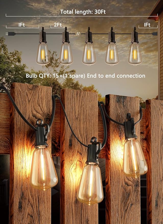 Brightown LED Outdoor String Lights 30FT for Patio with 16 Shatterproof ST38 Vintage Edison Bulbs, Waterproof Outside Hanging Lights for Backyard Deck Garden Party Xmas Decor, 2700K