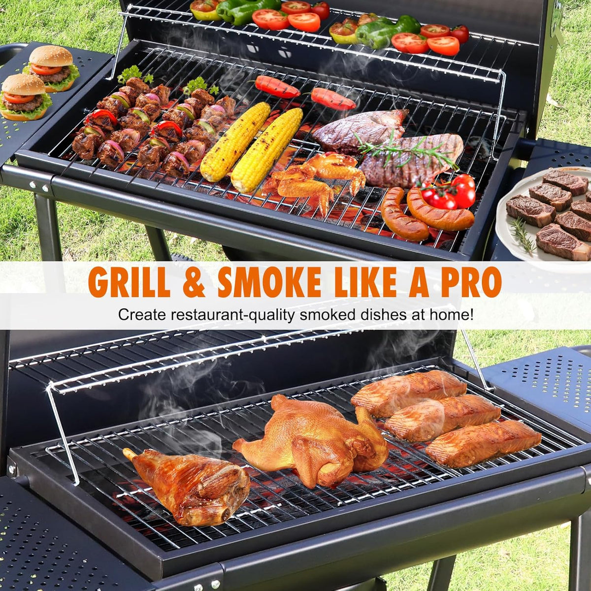 Realcook BBQ Barrel Charcoal Grill: Spacious Premium Outdoor Barbecue Grills with Side Tables - Perfect for Outdoor Cooking Backyard Grilling Patio Tailgating Camping Picnic and Party
