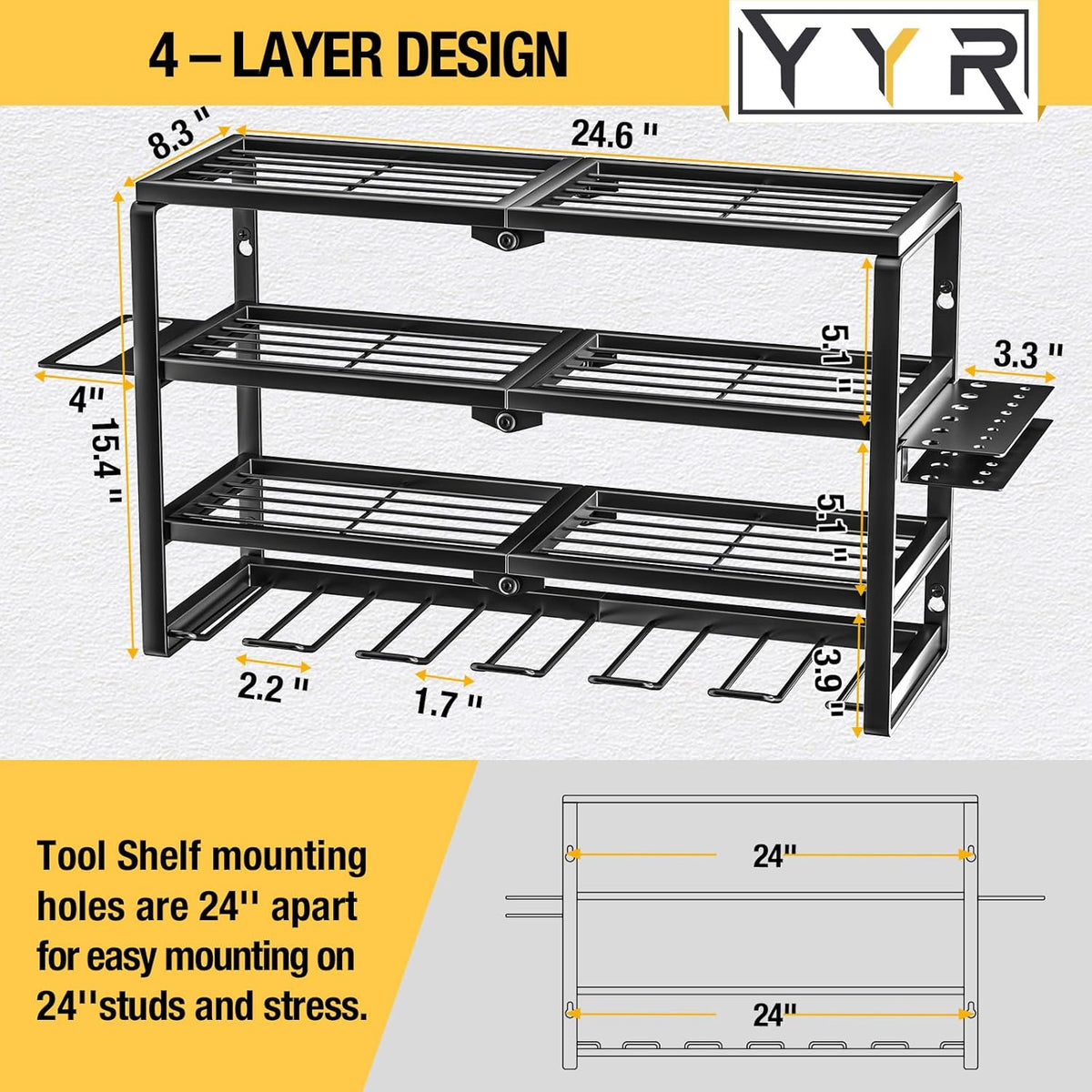 YYR 4 Layer Power Tool Organizer Wall Mount, Cordless Drill Hanger Storage Rack, Battery Tools Holder with Charging Station Shelf for Garage Organization, Workshop, Pegboard, Shed - 24 Inch 6 Slots