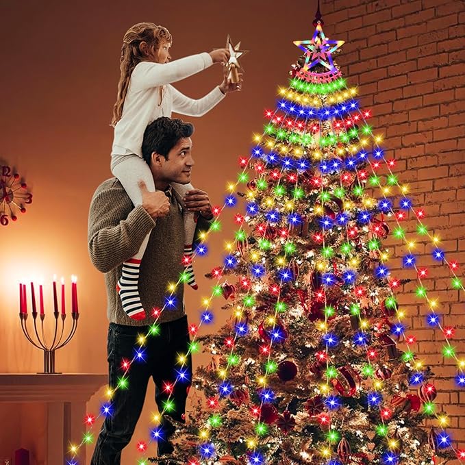 Christmas Decoration Lights, Outdoor Christmas String Lights 320 LED 11.5 Ft Waterfall Tree Lights with Big Star Topper 8 Light Modes for Christmas New Year Holiday Garden Yard Indoor Outdoor Decor