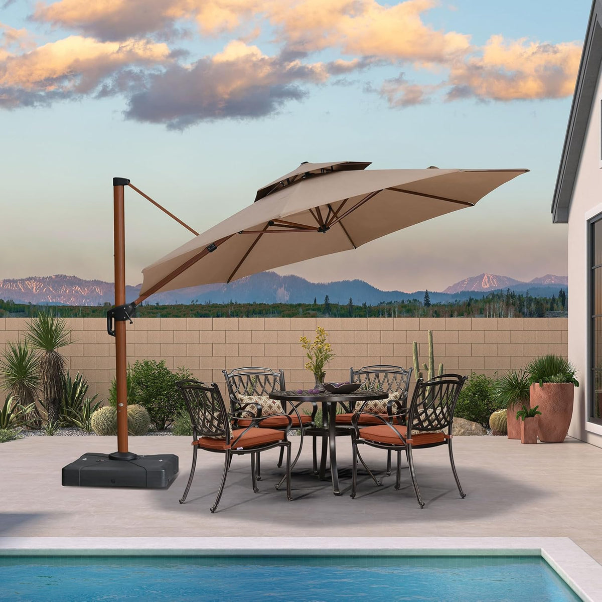 PURPLE LEAF 13ft Patio Umbrella Cantilever Umbrellas Outdoor Round Wood Umbrella Offset Umbrellas Heavy Duty Sun for Garden Deck Pool, Deep Beige