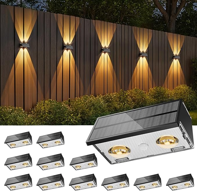 Bridika Solar Fence Lights, 12 Pack Up and Down Solar Lights Outdoor Waterproof, 8 Colors Lens LED Dusk to Dawn Wall Lights for Fence, Patio, Deck, Backyard, Garden