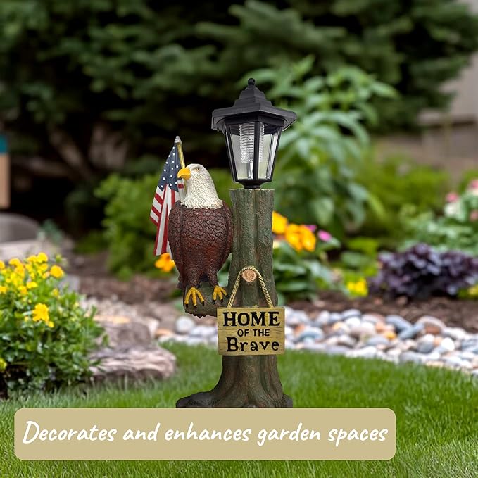 14x6 Inch Eagle Outdoor Solar Statue, Home of The Brave Outdoor Decorative Sculpture, Garden Decoration Outdoor Waterproof, Eagle Statue with American Flag for Patios, Yards, and Gardens