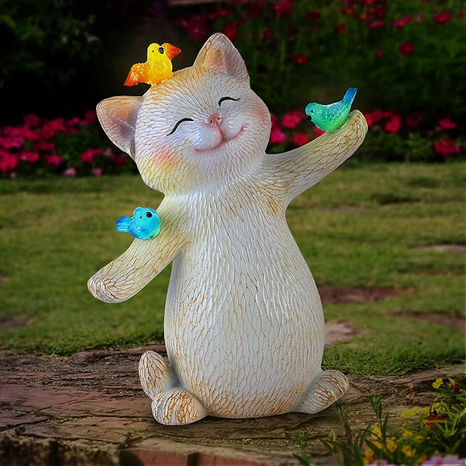 Cat Solar Light for Garden Decor - Outdoor Cat Figurines with Solar Lantern for Yard Patio Lawn Balcony Ornaments - Garden Gifts for Mothers Day, Grandma, Easter