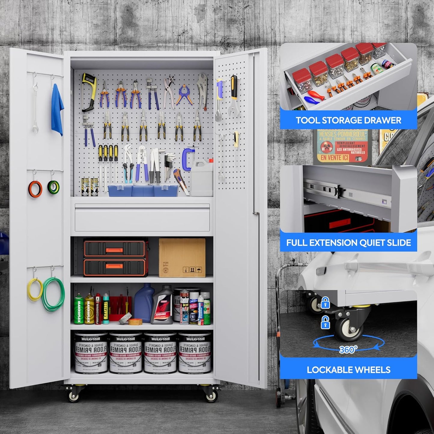 71" H Garage Storage Cabinet with Locking Doors and 2 Adjustable Shelves, Metal Tool Storage Cabinet with Wheels, Drawer, Pegboard and 16 Hooks for Garage, Warehouse, White