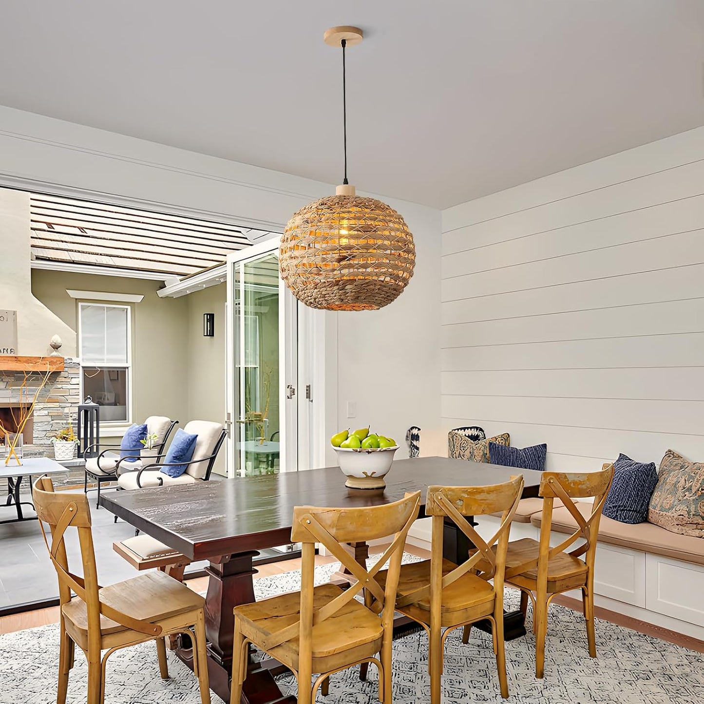 Boho Pendant Lights Kitchen Island Rattan Lights Fixture for Dining Room 15.8" Hand-Woven Chandelier Weaving Hanging Ceiling Light for Restaurant Living Room Bedroom Foyer Hallway