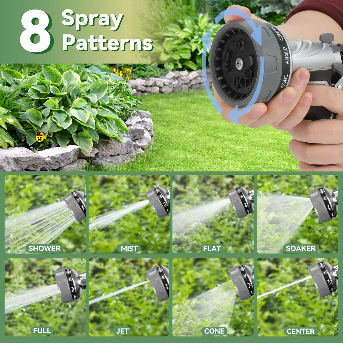Garden Hose Nozzle, Heavy Duty Metal Water Hose Nozzle with 8 Adjustable Spray Patterns, High Pressure Hand Sprayer with Flow Control for for Garden Watering, Car & Pet Washing
