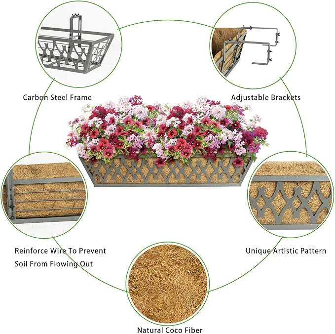 2 Pack 24 Inch Window Boxes Planters Railing Planter Box with Adjustable Brackets for Porch Fence Patio Balcony Hanging Flower Baskets with Coco Liners for Outdoor Garden Decor - Grey