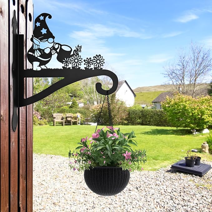 Christmas Plant Hangers Outdoor Iron Heavy Duty Ornamental Gnome Silhouette Wall Mounted Hanging Plant Bracket for Flower Pot Lantern Bird Feeder Wind Chimes Christmas Decoration