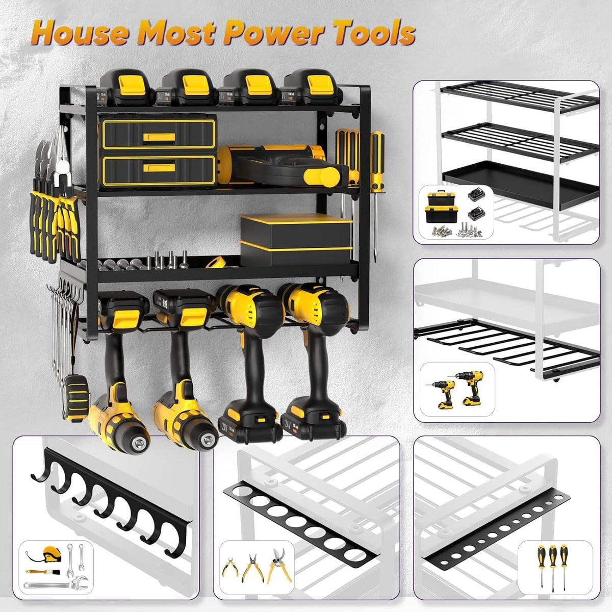 Power Tool Organizer Wall Mount, Heavy Duty Drill Holder, Garage Tool Organizer and Storage, Suitable Tool Rack for Tool Room, Workshop, Garage, Utility Storage Rack for Cordless Drill