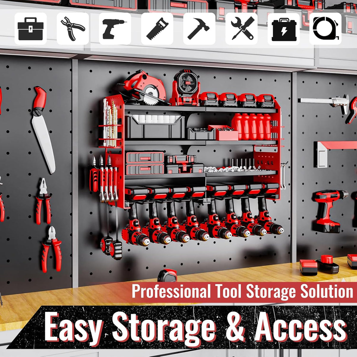Metal Power Tool Organizer Rack Wall Mount, Garage Tool Drill Storage Shelves with Screwdriver Plier Holder (Red, 8 Drills Holder)