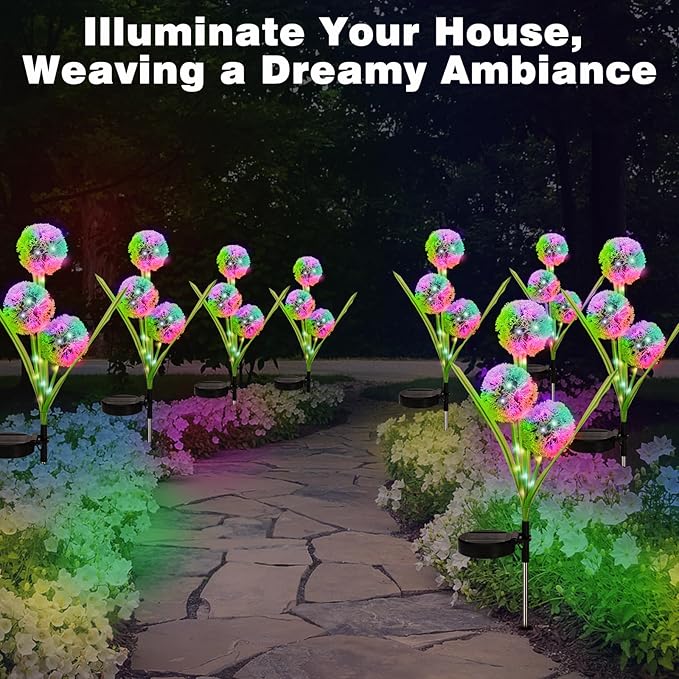 4 Pack Solar Garden Lights, Solar Flowers Lights with 4 Blooming Dandelion Flowers, Waterproof Solar Lights Outdoor for Yard Porch Patio Backyard Pathway Gardening Gifts, 2 Lighting Modes