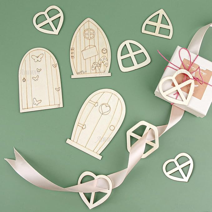 AUEAR, 48 Pack Fairy Door Miniature Wooden Garden Doors Windows Unfinished Window Accessories Unpainted Mini House DIY Craft for Wall Home Party Decoration (Style B)