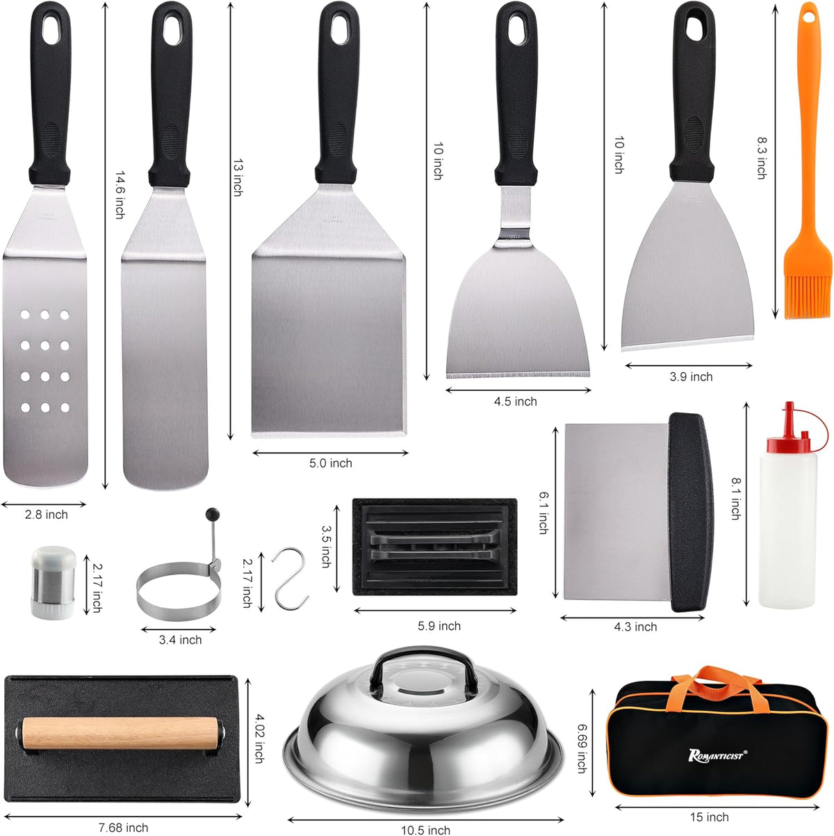 ROMANTICIST 29PCS Griddle Accessories Set - Flat Top Teppanyaki Spatula Set with Scraper, Basting Cover for Camp Chef- Home Cooking Griddle and Outdoor BBQ Gifts for Christmas