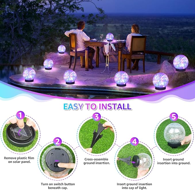 2-Pack Garden Solar Lights Outdoor, Colored Cracked Glass Ball Light Waterproof, Decorative Solar Powered Globe Lighting Multicolor for Yard