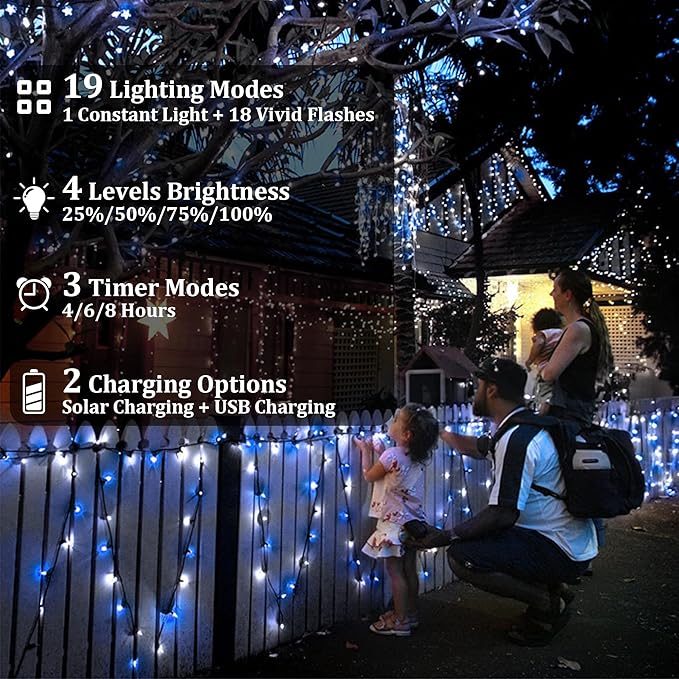 2-Pack 200FT Solar String Lights for Outside, 600 LED Extra-Bright Outdoor Light With 19 Modes & Timer, Waterproof Fairy Lights for Garden Patio Tree Christmas Decorations Blue & White
