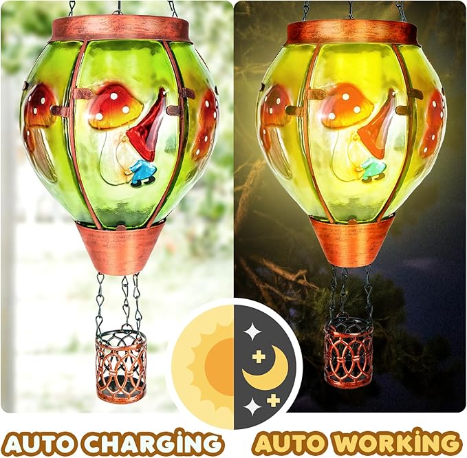 4 Pack Solar Hot Air Balloon Lantern with Flame， Mushroom Gnome Glass Solar Hanging Lanterns Outdoor for Outside Garden Patio Tree Porch Yard, Mushroom Gifts for Women Grandma Mom - Mushroom