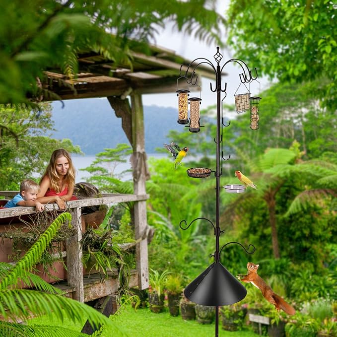 Bird Feeding Station Kit Bird Feeder Pole Wild Bird Feeder Kit with Squirrel Baffle and Suet Cage Mesh Tray Fruit Hook Double W Hook for Attracting Wild Birds