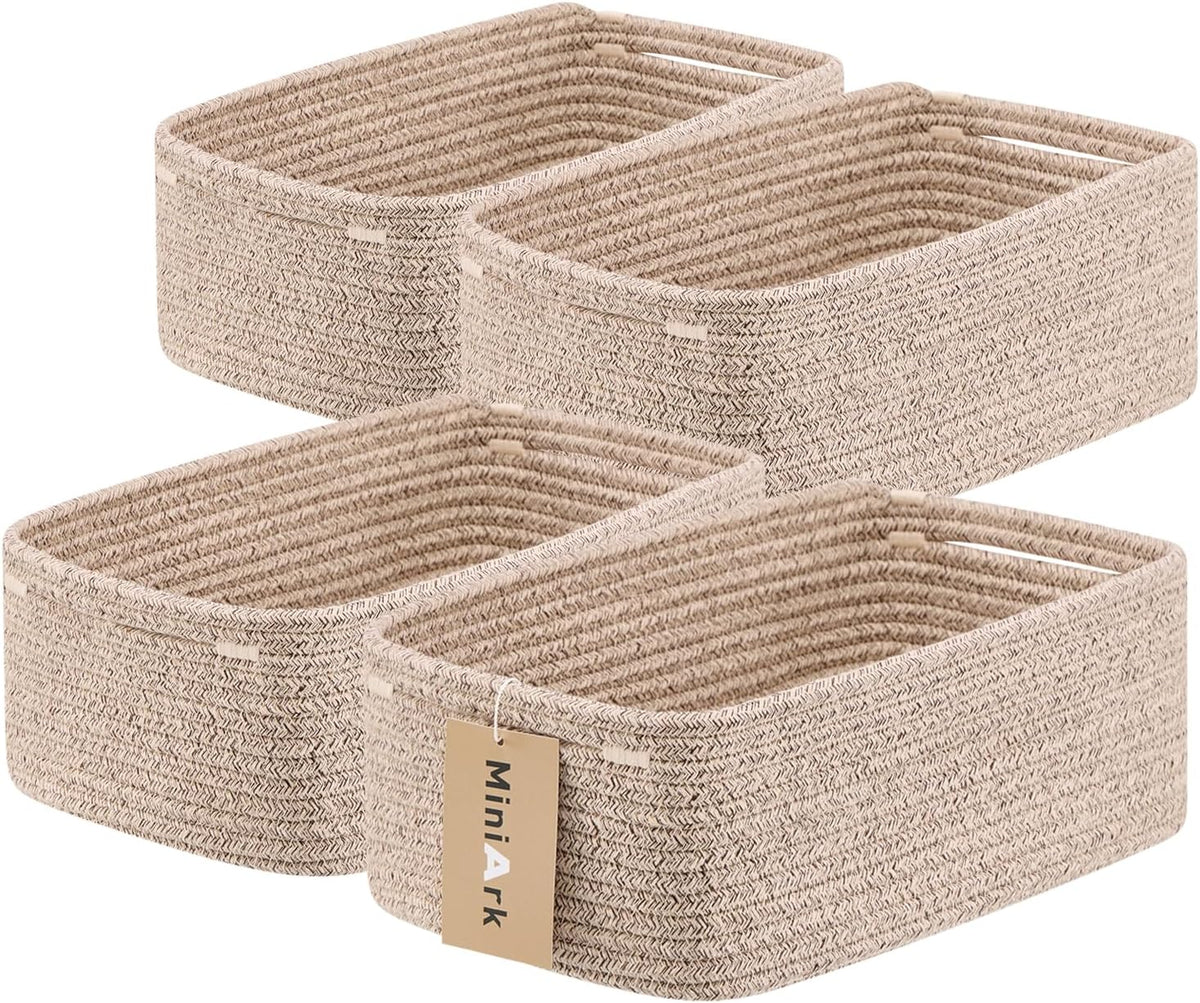 Small Storage Baskets for Organizing | Closet Organizer Bins | Shelf Toy Basket | Woven Rope Baskets | Cube Decorative Box | Shallow Basket | 13x8.5x5.1” | 4 Packs Mixed Brown