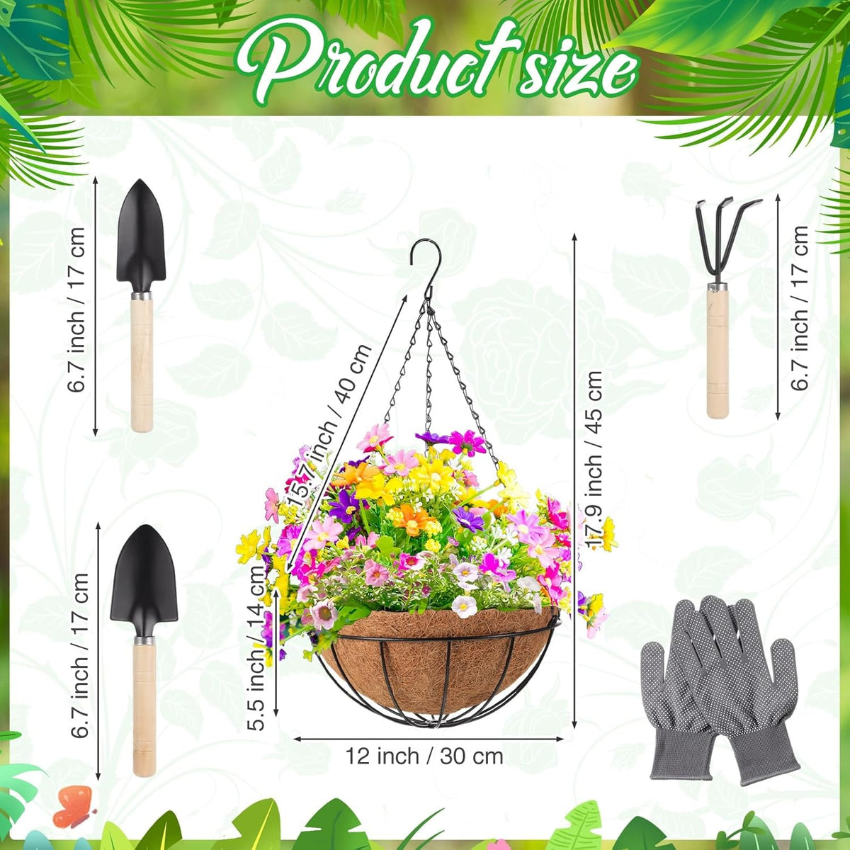 LemonRoad 3 Pack 12 Inch Hanging Baskets for Plants Outdoor Indoor, Metal Hanging Planters with Coconut Fiber Liner Chains and Ceiling Hooks Garden Tools Set for Garden House Patio Decor