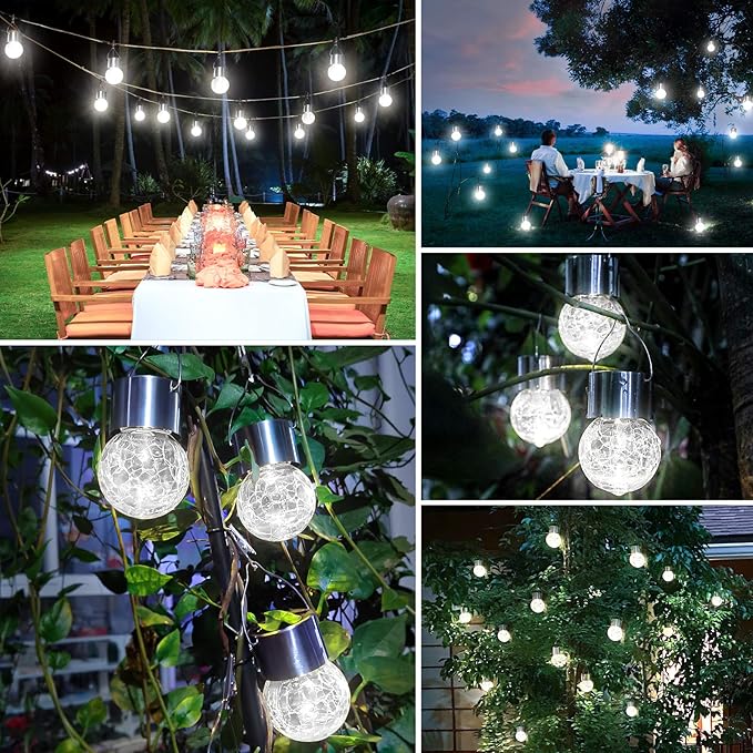 12Pack Outdoor Hanging Solar Lights - Solar Powered Crackle Glass Ball Lights Waterproof Tree Hanging Outdoor Globe Lights with Hook for Garden Balcony Patio Christmas Party Decoration, Daylight White