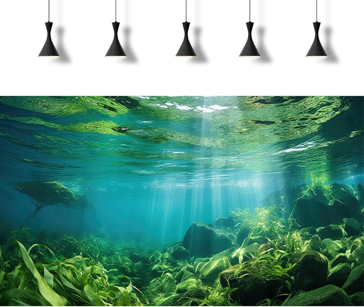 Under The Sea Fish Tank Background Aquatic Plants Deep Sea Aquarium Background Underwater Sunray Rock with Moss Terrarium Backgrounds Deep Ocean Floor Tropical Fish Tank Backgrounds 24x12in