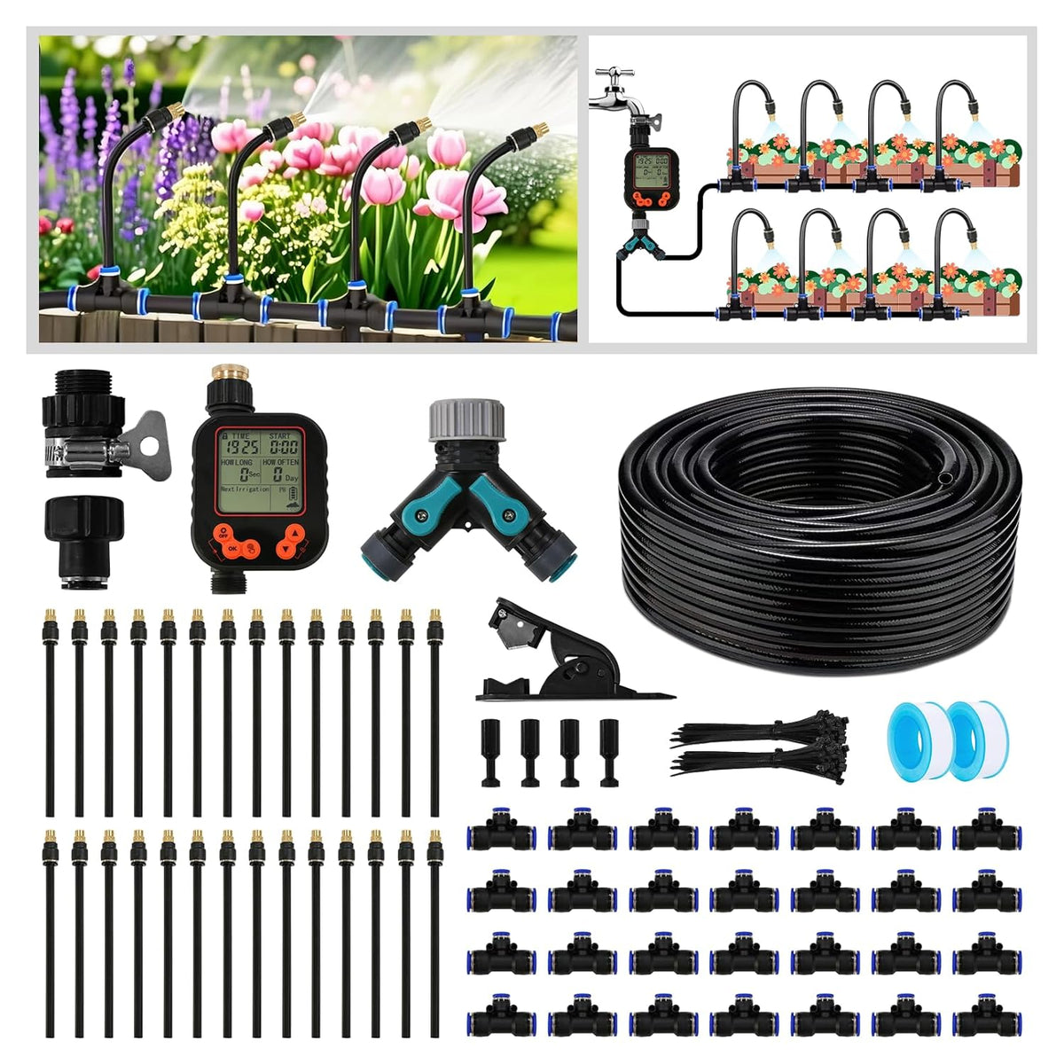 Drip Irrigation Kit - 100 FT. Hose Sprinkler System with 360° nozzles and T-connectors for Gardens, lawns, Plants, Flower beds, Trees, patios and hydroponics (Closeable nozzle-28)