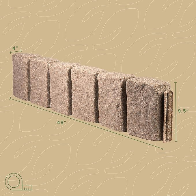 Beuta Landscape Edging | Garden Edging Border | Faux Stone Block XL for Lawn Edging, Flower Beds & Yard Edging – 1 Pack | Each Section Has 6 Blocks 48" L x 4" W x 9.5" H | 3 Spikes | Sandstone