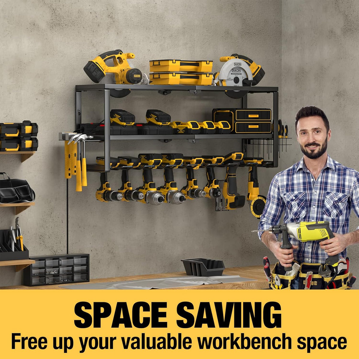 YYR Heavy Duty Power Tool Organizer with Charging Station, Cordless Drill Hanger Storage Rack, Battery Tools Holder Wall Mount Shelf for Garage - 32 Inch Equipped with Surge Protection Power Strip